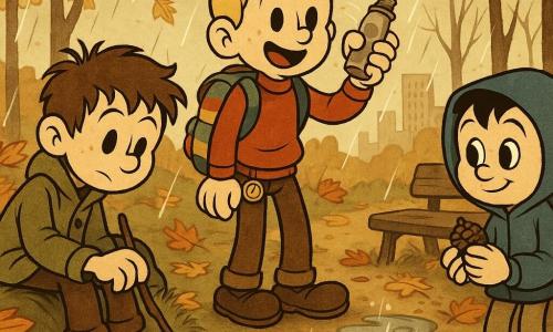 Three 12-year-old boys in a rubber-hose style autumn clearing in an urban forest: a tousle-haired brown boy in an oversized khaki jacket sits atop a small leaf-covered hill scratching the grass with a stick (left); a short-blond boy with a colorful backpack and an old compass on his pocket stands center, shaking a small metal bottle of acorn caps like maracas; a black-haired boy with a blue hood stands right, slightly back, holding a pine cone and smiling shyly. They listen to light rain falling into a large puddle with ripples and little splashes, leaves rustling, wet shiny textures, thin-trunked trees, dew-beaded spiderwebs, distant buildings, and a wooden bench by a dirt path, warm autumn palette of ochres, reds and deep greens.