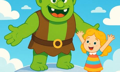 A kind, big and strong ogre with green skin and round sparkling eyes stands in the center of a shimmering silver bridge. He joyfully smiles, showing his large white teeth, and his muscular arms are open in welcome. Next to him is an 8-year-old girl named Lily, with curly blonde hair and a colorful dress, raising her arms enthusiastically, ready to answer a riddle. She has bright eyes filled with excitement and a radiant smile. The scene is set in a beautiful aerial landscape with a bright blue sky and fluffy clouds surrounding them. Below, an ocean of sparkling stars shines like diamonds. The main moment shows the ogre presenting a riddle to Lily, who looks focused and happy, eager to solve the mystery while admiring the beauty of their floating kingdom.