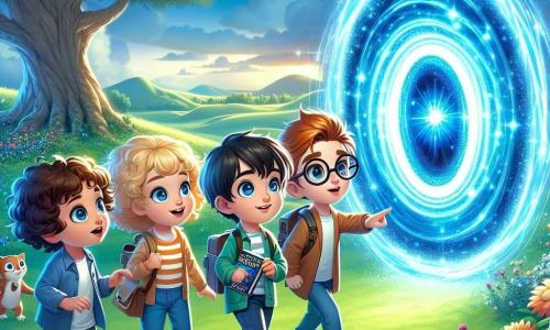 En el centro de la imagen, cuatro niños están juntos, maravillados por un portal luminoso. Lucas, un niño de seis años con cabello castaño y gafas, mira el portal con ojos muy abiertos. A su derecha, Marta, una niña con cabello rubio y rizado, sonríe señalando el portal. A la izquierda, Tomás, un niño de cabello negro y gafas redondas, sostiene un pequeño libro de ciencia ficción, con una expresión curiosa. Finalmente, Ana, una niña con cabello castaño y trenzado, se queda atrás, con los brazos cruzados y una sonrisa traviesa en el rostro. El escenario es un prado verde salpicado de flores coloridas, bajo un cielo azul brillante. Al fondo, se dibujan suaves colinas, y un gran roble majestuoso se alza a la izquierda, añadiendo un toque de magia a la escena. El portal, brillando con luz azul, parece flotar sobre el suelo, rodeado de chispas doradas. La situación principal muestra a los niños listos para entrar en el portal del tiempo, con sus rostros iluminados por la emoción y la aventura, simbolizando su viaje hacia el pasado y el futuro.