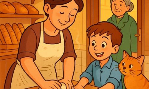 A smiling, focused baker woman with brown hair in a bun and a cream flour-stained apron presses a ball of soft dough on a light wooden counter; warm face, gentle eyes and calm, kind expression. A delighted ~9-year-old boy with short chestnut hair and rolled sleeves helps with his small palms on the dough to her right near the counter edge. An older local woman (about 60) in a green coat with gray hair in a low bun smiles from the glass doorframe behind them. An orange cat named Biscuit with a flour-dusted paw sits on the back counter, curiously watching the dough. Inside a small bakery bathed in golden morning light from a large window, wooden shelves hold round loaves and baguettes and a shiny copper oven; honey-colored walls and white tile floor. Main scene: the baker and boy knead dough together on the wooden counter with flour traces and a soft steam bubble above a tray of breads ready to bake, creating a warm, inviting, lively atmosphere.
