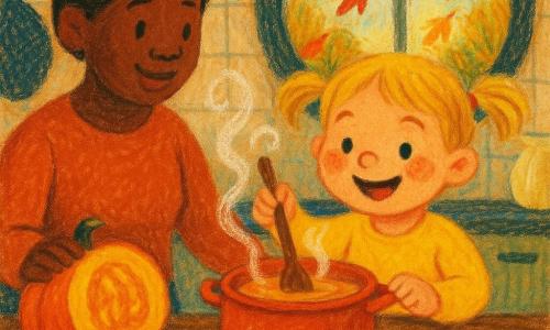 Een intieme, geruststellende herfstkeuken: een 4‑jarig meisje met blonde couettes en rozige wangen roert blij met een grote houten lepel in een dampende oranje pan terwijl haar moeder van circa 32 jaar, met châtain haar in een knot en zachte glimlach, een half pompoen op tafel links van het meisje vasthoudt en toeziet; warme kleuren (oranje, geel, bruin) met accenten van groen en lichtblauw, zachte namiddaglichtinval door een ronde open raam waar rode en gele bladeren naar binnen dwarrelen, rustieke houten tafel, licht tegelwerk, een klein oranje geruit theedoek en zichtbare vetpasteltexturen.