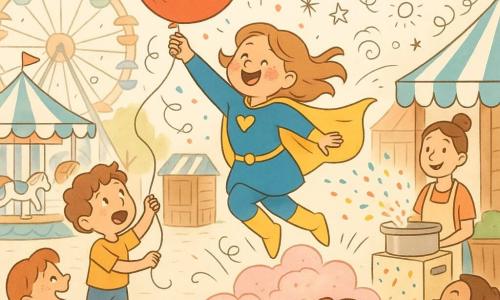 Super-eroină veselă, ușor jenată, față rotundă cu pete roz de zahăr pe obraji, costum albastru și galben, pelerină scurtă care flutură, prinde un balon mare roșu în cădere într-un munte de vată de zahăr roz; băiat de 6 ani cu păr creț brun, uimit, ține șnurul balonului și stă în stânga lângă un carusel; vânzătoare de aproximativ 30 de ani cu părul prins și zâmbet complice lângă o mașină de floricele bej decorată cu confetti care tocmai a aruncat confetti; parc de distracții retro, zi, roată mare pastel în fundal, corturi alb și albastru, paviment pietruit, lumini și tarabe de lemn; scenă comică și dinamică: eroina sare, salvează balonul și aterizează în vată de zahăr, confetti colorate plutesc, oamenii aplaudă.