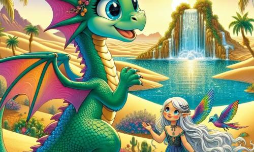 Un dragon tânăr și curios, pe nume Arko, se află în centrul imaginii. Are solzi strălucitori de culoare smarald, mari aripi desfăcute care strălucesc sub soare și ochi plini de bucurie și uimire. Arko stă pe o dună de nisip auriu, privind cu entuziasm o oază ascunsă în depărtare. Lângă el, Aelin, un elf cu trăsături delicate, îl însoțește. Are părul lung și ondulat de culoare argintie, cu mari aripi de colibri în nuanțe vibrante. Aelin zâmbește, ținând o hartă magică în mâini, indicând drumul spre oază. În fundal, o oază magnifică se dezvăluie, înconjurată de palmieri verzi luxurianți și flori colorate. Apa cristalină strălucește sub soarele apus, creând un contrast izbitor cu nisipul auriu al deșertului. Situația principală îi arată pe Arko și Aelin, uimiți, pregătindu-se să exploreze această oază misterioasă, simbolizând începutul unei mari aventuri pline de magie și descoperiri.