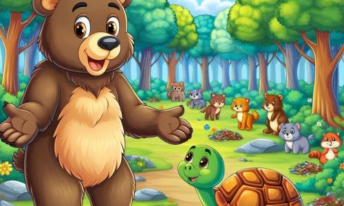 An illustration depicts a brown bear with soft, silky fur, sparkling curious eyes, and a wide smile. It stands on its hind legs with open arms, inviting friends to join for a gathering. Next to it, a turtle with a bright, colorful shell and wise eyes observes the scene, slightly set back but ready to share knowledge. In the background, a lush forest stretches as far as the eye can see, filled with majestic trees, vibrant green leaves, colorful flowers, and a clear blue sky with fluffy white clouds. The ground is covered with leaves and small flowers, creating a joyful atmosphere. The main scene shows the bear and turtle gathering all the forest animals to discuss protecting their environment against climate change. The curious animals gather around, listening attentively. Other graphic elements include scattered litter symbolizing pollution and young trees planted by the animals, representing their efforts to restore the beauty of their forest.