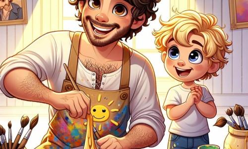 Un uomo di nome Marco, artista gioioso di circa trent'anni, si trova al centro dell'immagine. Ha capelli ricci e castani e indossa un grembiule colorato, macchiato di vernice. Il suo viso irradia felicità mentre mescola una vernice gialla con un grande sorriso, circondato da barattoli di vernice vivace. Accanto a lui, un ragazzo di nome Luca, di 8 anni, con capelli biondi e occhi brillanti, osserva con meraviglia. Tiene in mano una piccola lavagnetta su cui ha disegnato un sole sorridente e si inclina leggermente verso Marco, impaziente di imparare. Lo sfondo è uno studio d'arte luminoso, con pareti bianche e dipinti colorati appesi. Pennelli e barattoli di vernice sono sparsi su un grande tavolo di legno, mentre i raggi di sole filtrano da una finestra, illuminando la scena con una dolce luce dorata. Marco e Luca stanno creando insieme un'opera d'arte unica, mescolando vernice colorata con colla su un grande foglio, mentre ridono e condividono la loro passione per l'arte, riempiendo l'aria di gioia e creatività.