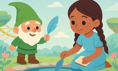 Un duende llamado Bim, pequeño como una taza, rostro redondo y barba suave, con gorro verde torcido y botas de corteza, sonriente y travieso pero atento, ofrece una pluma azul ligera sobre la superficie de un espejo de agua; junto a él, Lía, niña de unos 10 años con trenzas, vestido azul pálido y cuaderno en mano, sentada al borde, concentrada y tierna tras dejar caer una gota de nube en la laguna; el espejo de agua es una pequeña laguna circular de superficie perfectamente plana y halo luminoso central, bordeada de piedras lisas, flores-linterna rosas y hojas plateadas; al fondo, el Jardín de los Reflejos del Reino flotante con pasarelas de rayos de sol trenzados, islotes suspendidos y nubes cercanas, en una paleta pastel de azul cielo, verde menta y rosa polvo; composición clara y simple, plano medio con los personajes en primer plano frente al espejo, perspectiva ligeramente desde arriba, formas sencillas, contornos nítidos, texturas planas y sombras mínimas para un aspecto infantil y cálido.