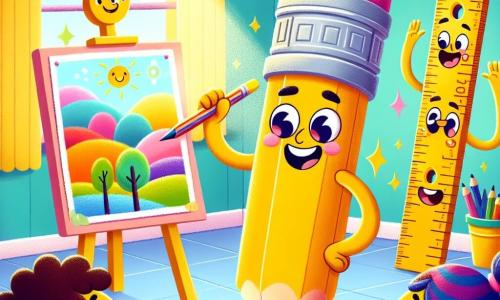 Pepito, un pequeño lápiz amarillo brillante con una goma rosa en la cabeza, está en el centro de la imagen, sonriendo con orgullo y emoción. Está dibujando un hermoso paisaje en una hoja de papel blanca, con líneas rectas y colores vivos. A su derecha, Cecilia, unas tijeras con mangos coloridos, mira a Pepito con ojos brillantes de aliento, aplaudiendo con alegría. A la izquierda, Rober, una regla de madera con marcas visibles, se mantiene erguido, mostrando orgullo y listo para ayudar a Pepito a trazar líneas perfectas. El lugar es un aula luminosa con paredes amarillas pastel, ventanas que dejan entrar la luz del sol y carteles coloridos de dibujos infantiles. La situación principal muestra a Pepito concentrado en su dibujo, rodeado de amigos que lo animan, ilustrando el momento en que supera sus dudas y expresa confianza en sí mismo.
