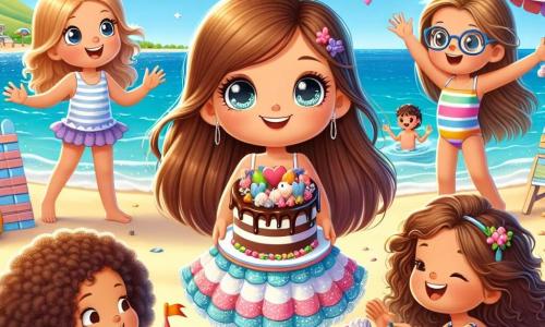 Clara, una niña de 11 años con largos cabellos castaños y ojos brillantes, está en el centro de la imagen, sonriendo y sosteniendo un gran trozo de pastel de chocolate. A su derecha, Valeria, una niña de 10 años con cabello rizado y un vestido colorido, levanta los brazos con entusiasmo. A su izquierda, Ana, una niña de 11 años con cabello rubio y gafas, decora un castillo de arena con conchas. Finalmente, Lucía, una niña de 10 años con trenzas y un traje de baño a rayas, está sentada en la arena, riendo y sosteniendo un balde lleno de arena. El fondo es una playa soleada con olas suaves y un cielo azul brillante. En el fondo, se ven sombrillas coloridas y niños jugando en el agua, mientras una gran pancarta en forma de corazón dice "¡Feliz Cumpleaños, Clara!" La escena muestra a Clara rodeada de sus nuevas amigas, celebrando su cumpleaños con pastel y risas, construyendo juntas un hermoso castillo de arena que simboliza su amistad y la magia de este día especial.