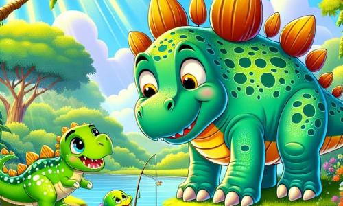 Un estegosaurio de pelaje verde brillante con placas naranjas en la espalda se encuentra orgullosamente al borde de un lago, mostrando una expresión de valentía y curiosidad. A su lado, un pequeño estegosaurio, su hermano Estelín, con manchas más pequeñas y ojos brillantes de alegría, observa a un gran alosaurio, un dinosaurio imponente con dientes afilados y ojos amarillos, que parece intrigado. El paisaje es una jungla exuberante, con árboles gigantes de hojas verdes, flores coloridas y rayos de sol filtrándose a través del follaje. La escena muestra a Estela que amablemente le propone a Alosio cómo pescar peces en el lago, creando una atmósfera de descubrimiento y amistad.