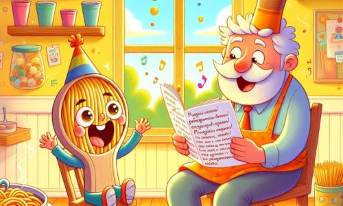 Un piccolo cucchiaio sorridente, di nome Cucchi, con un viso gioioso e occhi scintillanti, è seduto su una piccola sedia di legno, indossando un cappello di spaghetti. Brandisce con entusiasmo una lettera colorata, con le sue piccole zampette di legno sollevate verso il cielo. Accanto a lui, Papone Cucchiaione, un grande cucchiaio di legno con un sorriso caloroso, guarda il figlio con orgoglio, gli occhi brillanti di emozione. Tiene una grande zuppiera piena di zuppa, pronto a condividere un momento di gioia. La scena si svolge in una cucina soleggiata, con muri giallo pastello e finestre aperte che lasciano entrare la luce dorata del sole. Cucchi, tutto emozionato, legge al papà la sua lettera piena di rime divertenti, mentre decorazioni di festa fluttuano nell'aria, creando un'atmosfera festosa e calorosa.