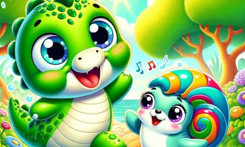 Un piccolo drago rotondo e morbido, di nome Puffolo, con squame verdi brillanti e occhi scintillanti di curiosità, salta gioiosamente in una radura soleggiata, con un grande sorriso sul volto. Accanto a lui, una piccola lumachina di nome Lilli, con un guscio colorato a spirale e occhi maliziosi, lo incoraggia ballando, visibilmente eccitata e piena di energia. Il luogo è una radura verdeggiante, circondata da alberi maestosi con foglie brillanti, e fiori colorati che danzano al vento. Al centro della scena, un grande cappello blu, che sembra saltare da solo, attira l'attenzione dei due amici. Puffolo e Lilli cercano di catturare il cappello cantando e ballando, creando un'atmosfera gioiosa e ludica.