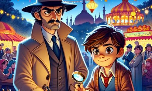 Un detective di nome Arturo indossa un elegante cappello nero e un lungo cappotto beige. Il suo viso è concentrato e determinato, con le sopracciglia aggrottate e una lente d'ingrandimento in mano. Accanto a lui, un ragazzo di dieci anni, Luca, ha i capelli castani disordinati e un grande sorriso curioso. Tiene un taccuino e una matita, pronto a prendere appunti. La scena si svolge in un grande parco illuminato da lanterne colorate, con alberi maestosi e stand di cibo decorati con ghirlande scintillanti. Al centro, un tavolo di legno è circondato da persone preoccupate, mentre un gruppo di lanterne si alza nel cielo crepuscolare. Arturo esamina impronte digitali nella polvere, mentre Luca scruta i volti degli spettatori, cercando indizi per ritrovare il prezioso Trofeo della Lanterna d’Oro scomparso.
