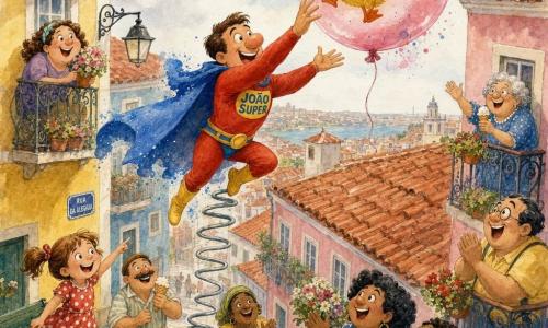 João Super, sorridente e determinado, veste capa azul brilhante, fato vermelho e botas amarelas; cabelos castanhos curtos, nariz grande e olhos vivos, estende o braço para alcançar um pato amarelo e rechonchudo preso num grande balão rosa translúcido que flutua sobre os telhados. Uma menina de cerca de 6 anos, cabelos castanhos em rabo de cavalo e vestido de bolinhas, aponta e sorri de uma praça com um banco à esquerda; adultos de formas amigáveis aplaudem das varandas e calçadas segurando flores e gelados. Rua urbana colorida com telhados de telha vermelha e fachadas em tons pastéis (amarelo, azul claro, rosa), postes redondos e nuvens suaves, vista em leve plongée para mostrar o balão; João salta com uma pequena escada que se transforma num mola, movimento dinâmico com salpicos aquarelados ao redor do balão e da capa para acentuar a ação heróica e cômica.