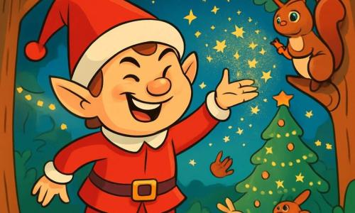 Un follet di Natale, di nome Ludovico, si trova al centro della scena, con un grande sorriso malizioso sul viso rotondo e paffuto. Indossa un costume rosso vivo con bordi bianchi, un grande cappello a punta e stivali verdi scintillanti. I suoi occhi brillano di malizia mentre lancia una pioggia di polvere magica scintillante nell'aria. Accanto a lui, un giovane scoiattolo di nome Cip, con il pelo marrone e occhi brillanti di curiosità, osserva con meraviglia la magia dispiegarsi. È appollaiato su un ramo, con le zampette strette attorno al tronco, e il suo viso esprime gioia contagiosa. Lo sfondo è una foresta incantata, piena di alberi maestosi con foglie verdi brillanti, illuminati da ghirlande di luci scintillanti. In lontananza, un grande albero di Natale si erge, decorato con palline colorate e ghirlande luccicanti, mentre animali della foresta, come conigli e uccelli, si radunano intorno, catturati dallo spettacolo. La scena principale mostra Ludovico mentre sparge la sua polvere magica, provocando scoppi di risa tra gli animali, che si lasciano trasportare dalla gioia e dalla meraviglia di questa magica notte di Natale.