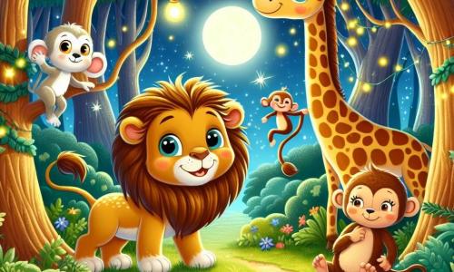 Un leone di nome Leo, con una criniera dorata e occhi curiosi, si trova al centro della scena, sorridente e pronto a giocare. A destra c'è una giraffa di nome Gigi, con un lungo collo maculato e grandi occhi dolci, nascosta dietro un albero, ridendo dolcemente. A sinistra, una piccola scimmia di nome Lila, con pelliccia marrone e una coda arricciata, dondola allegramente da un ramo, osservando Leo con malizia. Il luogo è una foresta incantata, illuminata dalla luce della luna, con alberi maestosi e fiori colorati. La scena è magica, con lucciole scintillanti nell'aria. Leo gioca a nascondino con i suoi amici, ridendo e cercando Gigi e Lila, mentre un'aria di gioia e amicizia li circonda.