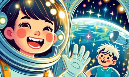 Una donna astronauta sorridente, con un casco lucente e una tuta spaziale bianca, fluttua gioiosamente nella stazione spaziale. I suoi occhi brillano di eccitazione e fa un gesto con la mano, come se salutasse le stelle. Accanto a lei, un ragazzo di 7 anni, con i capelli castani in disordine e una maglietta blu, guarda attraverso una grande finestra, meravigliato dalla vista della Terra blu sottostante. La stazione spaziale è piena di luci scintillanti e schermi colorati, con strumenti fluttuanti che girano dolcemente nell'aria. Pannelli di metallo argentato brillano attorno a loro, creando un'atmosfera futuristica e magica. La donna astronauta mostra le stelle a Leo, mentre condividono un momento di gioia e scoperta, fluttuando insieme nello spazio, circondati dall'immensità del cosmo.