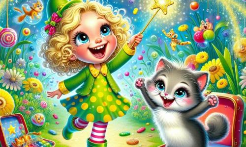 Ein 6-jähriges Mädchen, Lilli, mit goldenen Locken und einem großen, fröhlichen Lächeln, steht in der Mitte des Bildes und hält einen funkelnden Zauberstab. Sie trägt ein buntes gepunktetes Kleid und grüne Gummistiefel. Neben ihr springt ihre Katze Mimmi, ein kleiner grauer Kater mit funkelnden Augen, fröhlich und versucht, bunte Bonbons zu fangen, die vom Himmel fallen. Im Hintergrund ein zauberhafter Garten mit grünem Gras und blauen Grashalmen, tanzenden bunten Blumen und einem roten Koffer mit gelben Punkten, der offen ist und schimmernde Seifenblasen ausströmt. Die Szene strahlt eine Atmosphäre von Magie und Freude aus, mit Bonbons, die in der Luft schweben, und bunten Fischen, die um sie herum springen. Lilli, mit einem staunenden und amüsierten Blick, bereitet sich darauf vor, einen magischen Wunsch zu äußern, während Mimmi neugierig die Bonbons beobachtet, die sich um sie herum verteilen.