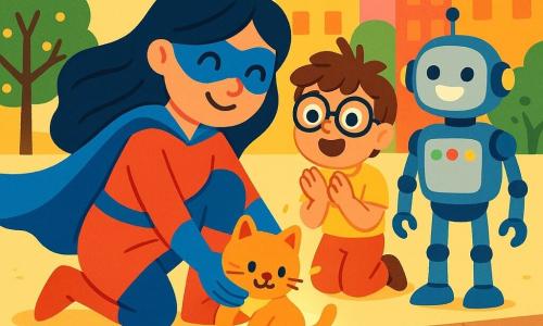 A superheroine named Luna is a woman with long, shiny hair, dressed in a flowing blue cape. She has a warm smile and sparkling eyes filled with determination. She is crouched down, holding a lost kitten in her arms, with a gentle and reassuring gaze. Next to her, an 8-year-old boy with round glasses and messy hair claps in amazement, his eyes wide open. A friendly, medium-sized robot with blinking lights and a smiling face stands nearby, ready to help. The scene takes place on a lively dock surrounded by tall, colorful buildings shining in the sun. Trees adorned with small lights add a magical touch to the environment. Luna, with her radiant power, helps the kitten safely down from the edge of the dock, while amazed locals watch this beautiful scene of solidarity and kindness.