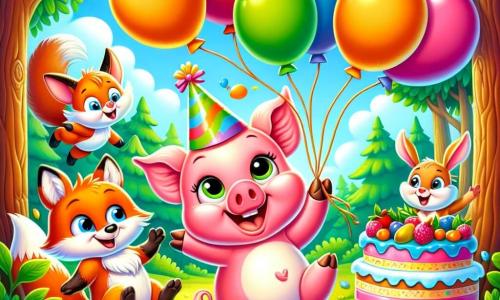 A pink pig with round, smiling cheeks and sparkling eyes is joyfully jumping in a sunny forest. It wears a colorful little hat and holds multicolored balloons in its paws. Next to it, a small rabbit with big white ears and curious eyes smiles while holding a giant cake decorated with cream and fruits. A clever fox with bright orange fur and a bushy tail stands a bit back, laughing and holding a funny hat. The forest is filled with green trees with shiny leaves, colorful flowers, and a bright blue sky. In this joyful scene, the pig and its friends are preparing a party full of laughter and games, with balloons floating around them.