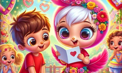 Poppy, een schattig klein roze veertje met sprankelende ogen en een stralende glimlach, staat in het midden van de afbeelding enthousiast een liefdesbrief te lezen, haar felle kleuren contrasteren met de omgeving. Naast haar staat Tom, een jonge jongen met bruin haar en heldere ogen, gekleed in een rode t-shirt en een blauwe short, met een uitdrukking van verrassing en geluk terwijl hij Poppy bewonderend aankijkt. Lotte, een meisje met krullend blond haar, gekleed in een bloemenjurk, staat iets op de achtergrond met een verlegen glimlach en een dromerige blik, aandachtig luisterend naar Poppy's voorlezing. De achtergrond toont een charmant dorp in feeststemming, met hartjesguirlandes tussen de bomen, fonkelende lichtjes en een groot bord 