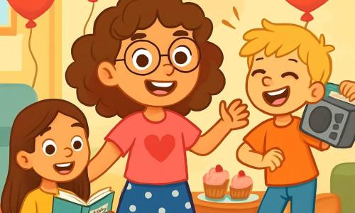 A 12-year-old girl, Ruby, with curly brown hair and round glasses, smiles joyfully, her eyes sparkling with excitement. She wears a bright pink t-shirt with a heart design and a polka dot skirt. Ruby is surrounded by her friends in a living room decorated for Valentine's Day, with heart-shaped balloons floating from the ceiling and colorful garlands hanging on the walls. Next to her, Benny, a 12-year-old boy with messy blonde hair, holds a boombox and dances energetically, a big smile on his face. Naomi, a 12-year-old girl with long, smooth hair, sits on the floor reading a poem aloud from an open poetry notebook, her eyes shining with enthusiasm. The warm living room has colorful cushions scattered on the floor, a table filled with cupcakes topped with pink frosting, and board games in disarray around them. The main scene shows Ruby and her friends enjoying a Valentine's Day party, laughing and playing together, surrounded by festive decorations, creating a joyful and friendly atmosphere.
