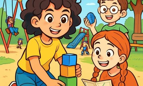 A 12-year-old girl, Sophie, stands at the center of the scene, with curly, tousled hair, wearing a bright yellow t-shirt and denim shorts. Her face expresses joyful determination, her eyes shining with curiosity and excitement. Next to her, Mia, a 12-year-old girl with red braids, smiles widely, holding a map in her hands, ready to help her. In the background, Ethan, a 12-year-old boy with glasses and brown hair, watches the group with an enthusiastic look, holding building blocks.

The setting is a vibrant playground filled with colors: red swings, a blue slide, and a large tree with bright green foliage, under which there is a wooden bench. Children play and laugh around them, creating a joyful and lively atmosphere.

The main situation shows Sophie and her friends building a tower with blocks, focused and collaborating together. Sophie, though slightly hesitant, uses her hands to stabilize the base of the tower, while Mia and Ethan enthusiastically add blocks, illustrating teamwork and creativity.
