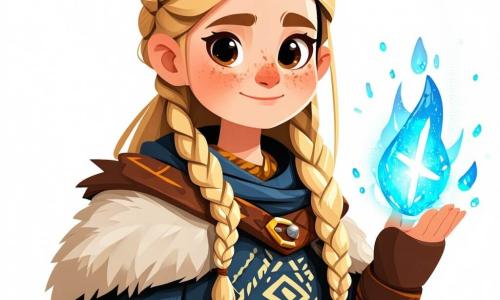 A young Viking woman named Astrid, about 16 years old, stands at the center of the image with long braided blonde hair, a determined look, and cheeks rosy from the cold. She wears a thick wool tunic adorned with Nordic patterns and a fur coat that gives her a brave appearance. In her hand, she holds a small rune shimmering with blue light, illuminating her face with wonder. Beside her, an old owl with white feathers and piercing eyes flies gently, observing Astrid with wisdom. A cunning fox with bright red fur sneaks near her feet, its eyes sparkling with mischief, ready to accompany her on her adventure. The scene takes place at the foot of a majestic snow-covered mountain, with snow-dusted fir trees and a clear blue sky dotted with white clouds. The ground is covered with a thick layer of snow, and snowflakes gently fall around them. Astrid stands before a circle of ancient stones, the runes carved on the stones emitting a mysterious glow. She seems ready to uncover the secrets of this magical place, her heart beating with excitement and curiosity.