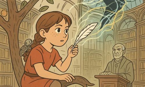 A 10-year-old girl with a round freckled face, short chestnut hair in a braid, concentrated courageous expression and bright eyes perches on a curved branch of a great tree, writing in the air with a silver quill that leaves luminous lines as she seals a dark tear in the dome's 