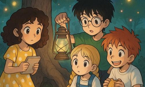Há 4 crianças: - Maya, uma menina de 10 anos, tem cabelos castanhos cacheados e usa um vestido amarelo com bolinhas brancas. Ela segura um caderno de notas e está à esquerda da imagem, observando atentamente. - Tomé, um menino de 11 anos, tem cabelos pretos bagunçados e óculos redondos. Ele veste uma camiseta verde e segura uma lanterna antiga. Está à direita de Maya, olhando para a luz. - Inês, uma menina de 10 anos, tem cabelos loiros presos em duas tranças e usa um macacão azul. Está sentada no chão, ao lado de Tomé, ouvindo atentamente. - Rafa, um menino de 9 anos, tem cabelos ruivos despenteados e um sorriso travesso. Ele veste um short vermelho e uma camiseta branca. Está agachado na frente dos outros, segurando um sanduíche. O local é um parque encantador com uma grande figueira de folhas largas e brilhantes. O tronco da árvore é oco, servindo de esconderijo secreto. Luzes suaves e coloridas flutuam ao redor, criando uma atmosfera mágica. A situação principal mostra as crianças descobrindo uma pequena garrafa de vidro verde brilhante entre as raízes da figueira. A garrafa emite um brilho misterioso e parece sussurrar segredos. As crianças estão fascinadas e curiosas, iluminadas pela suave luz da lanterna de Tomé.