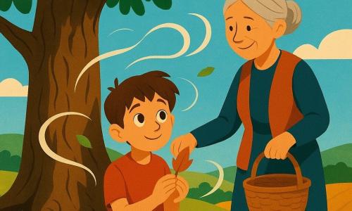 Un băiat de 10 ani, cu ochi mari şi curioşi, păr brun zburlit şi zâmbet timid, stă sub un stejar măreţ, ţinând o frunză care dansează între mâini; lângă el, uşoară spre dreapta, o femeie bătrână de circa 70 de ani, fragilă, cu părul gri prins în coc şi un coş de nuiele, zâmbeşte recunoscătoare în timp ce băiatul o ajută; stejarul, cu trunchi aspru şi rădăcini vizibile, ocupă partea stângă a imaginii, iar fundalul e un vârf de deal cu câmpuri unduitoare, cer albastru pal şi lumină aurie de dimineaţă; vântul e sugerat prin panglici translucide albe care se învârt în jurul personajelor şi al frunzelor, iar paleta caldă, blocurile de culoare plate, texturi uşoare şi forme rotunjite dau un aer copilăros şi poetic.