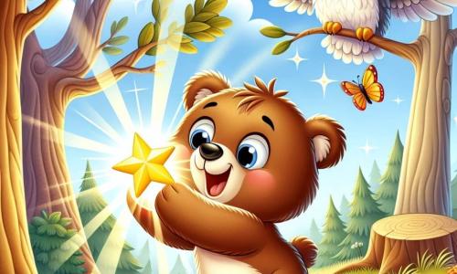 An illustration depicts a small brown bear with soft fur and bright eyes, expressing great joy and excitement. It jumps happily, holding a sparkling star in its paws. In the sky, a wise owl with white and gray feathers perches on a branch, observing the scene with a benevolent gaze and a slight smile, appearing proud to guide the little bear on its adventure. The setting is a sunny clearing surrounded by tall trees with sturdy trunks and gently falling golden leaves. Colorful flowers dot the green grass, and a soft beam of light illuminates the shining star. The main scene shows the little bear discovering the magical star in the clearing, surrounded by an atmosphere of joy and wonder. Vibrant butterflies flutter around it, adding a touch of magic to the image, while sunlight filters through the branches, creating a sparkling effect on the star.