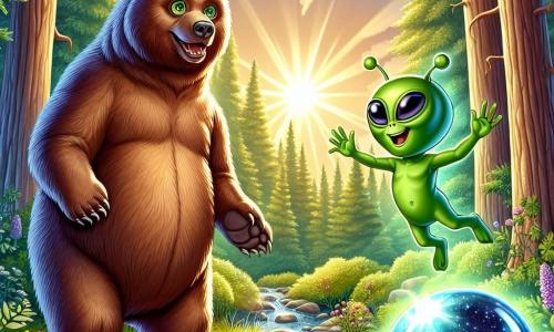 Bruno, un grande orso bruno con occhi scintillanti di curiosità, è in piedi sulle zampe posteriori con un sorriso meravigliato. È circondato da foglie verdi e fiori colorati mentre osserva affascinato una piccola astronave brillante, rotonda e scintillante, appena atterrata. Zoggy, un extraterrestre verde con grandi occhi rotondi e un sorriso amichevole, esce dall'astronave. È alto come un bambino, con pelle liscia e antenne in piedi gioiosamente. Zoggy mostra un'espressione di eccitazione, agitando le braccia in segno di benvenuto. La scena si svolge in una foresta lussureggiante, illuminata dalla luce dorata del sole al tramonto, con alberi maestosi e un ruscello scintillante nelle vicinanze. Bruno e Zoggy si incontrano per la prima volta, meravigliati dalla presenza dell'altro, creando un momento magico di amicizia intergalattica.