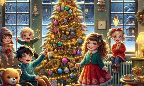 In a magical Christmas scene, we see four joyful children. Mia, an 8-year-old girl with curly brown hair and sparkling blue eyes, stands in the center, holding a large teddy bear with a big smile on her face. Leo, a 9-year-old boy with black hair and a big grin, is sitting in his wheelchair to the left of Mia, his eyes shining with excitement as he points to a decorated tree. Lucy, a 7-year-old girl with blonde pigtails and a red dress, stands to the right of Mia, jumping for joy while holding a plate of decorated cookies. Finally, Max, an 8-year-old boy with brown hair and a green sweater, is crouched near a large tree, placing a sparkling star on top. The setting is a warm orphanage room filled with twinkling lights and colorful decorations, with a large Christmas tree adorned with golden garlands and shiny ornaments at the center, while snowflakes gently fall outside through a window. The main scene shows the children celebrating together, sharing laughter and joy while preparing cookies for neighbors, illustrating the spirit of Christmas and the magic of friendship.