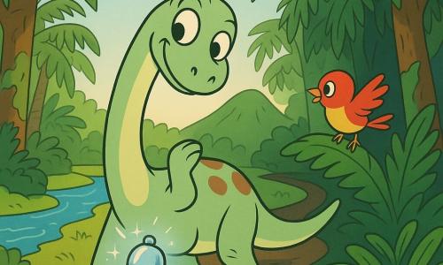 Een diplodocus genaamd Dipo, nieuwsgierig en vrolijk, met een lange kronkelige nek, pastelgroene huid met zachte bruine vlekken, grote glanzende ronde ogen en een guitige glimlach, het hoofd scheef en een voorpoot opgeheven om te luisteren; een klein zilverblauw lichtbolletje met fijne vonkjes zweeft boven het pad en rinkelt; een klein rond rood-geel vogeltje zit op een varen rechts van Dipo en kijkt naar het bolletje terwijl het zachtjes met de vleugels slaat; plaats: een prehistorisch bos met reuzenvarens, met mos bedekte stammen, een groen korstje van korstmossen, een glinsterende rivier links en een afgeronde vulkanische heuvel op de achtergrond met warme zonnestralen tussen brede bladeren; scène: Dipo staat op een kruising van drie modderige paden, vol verwondering gericht op het lichtbolletje en twijfelt tussen het pad langs de rivier, de klim naar de heuvel of het donkere pad tussen de reuzenvarens.