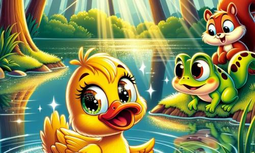 Un pequeño pato llamado Lucas, con plumas amarillas brillantes y ojos llenos de curiosidad, nada alegremente en un lago resplandeciente, salpicando agua con sus patas palmeadas. Cerca, Bella, una ardilla roja con una cola en forma de penacho, trepa por una rama de árbol, observando a Lucas con una sonrisa traviesa, lista para ayudarlo en su aventura. Tim, un viejo sapo verde con manchas marrones, está sentado en una piedra al borde del lago, croando alegremente y mirando a los dos amigos con benevolencia. El lago está rodeado de grandes árboles con hojas verdes vibrantes, y los rayos de sol filtran a través de las ramas, creando reflejos dorados en el agua. La escena muestra a Lucas descubriendo una sombra misteriosa bajo el agua, con una mirada maravillada, mientras sus amigos lo animan a explorar este misterio juntos.