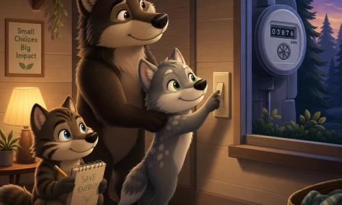 Flick, a small anthropomorphic gray wolf with white patches and bright green eyes, stands on tiptoe smiling and determined as he switches off a large wall switch, warm indoor light fading into soft shadows; Papa Wolf, tall and reassuring with dark brown fur and a proud, gentle expression, leans behind Flick with a paw on his shoulder while looking at the electric meter visible through the window; Patch, the younger mischievous brother with striped fur and wide curious eyes, sits on a cushion by a lamp holding a notebook and pencil and watching; cozy wooden living room with light-planked walls, geometric woven rug, string lights dark, and a large window showing a pine wood at dusk and the outdoor electric meter with turning numbers; an illustrative, encouraging scene centered on Flick’s energy-saving gesture, muted warm interior colors contrasting with a bluish-purple sky outside.