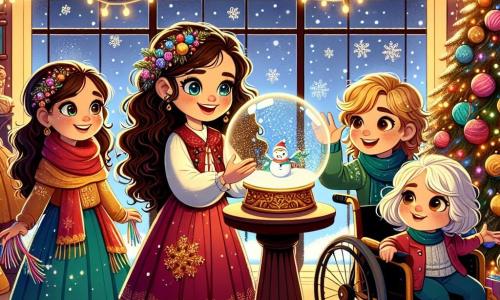 Patru fete de opt ani stau într-o cameră călduroasă și decorată pentru Crăciun. Mara, cu părul ei lung și ondulat și ochii strălucitori, este în centrul atenției, ținând un glob de zăpadă magic. La dreapta ei, Ana, zâmbitoare și plină de energie, agită ghirlande colorate. La stânga, Sofia, puțin timidă, privește cu uimire globul, în timp ce Bianca, în scaunul ei cu rotile, zâmbește fericită ținând o stea aurie. Camera este plină de lumini strălucitoare, cu un brad de Crăciun mare, decorat cu globuri colorate și ghirlande sclipitoare. Fulgi de zăpadă cad ușor afară pe fereastră, creând o atmosferă feerică. Fetele au descoperit un glob de zăpadă vechi care le-a transportat într-o lume magică de Crăciun și sunt pregătite să trăiască o aventură de neuitat împreună.