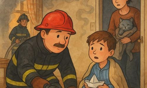 A calm, round-faced firefighter in his 40s with a soft mustache, shiny red helmet and soot-smudged heavy jacket kneels and crawls on hands and knees, shining a wide yellow flashlight beam on the floor as he reassures a relieved-looking 6-year-old boy with short chestnut hair in blue striped pajamas, wrapped in a beige blanket and holding a small white paper boat; the tired but grateful mother, about 35 with her hair tied, stands at the living-room door ready to leave while holding a tangled gray cat; a younger firefighter, about 28, stands in the background near the entrance holding a coiled hose and supporting the door; the low, warm living room has a wrinkled beige rug, small wooden table and a partially open checkered curtain window letting out wisps of gray smoke and orange light, creating a quiet, intimate rescue scene with the vivid red helmet contrasting the room’s gray-beige tones.