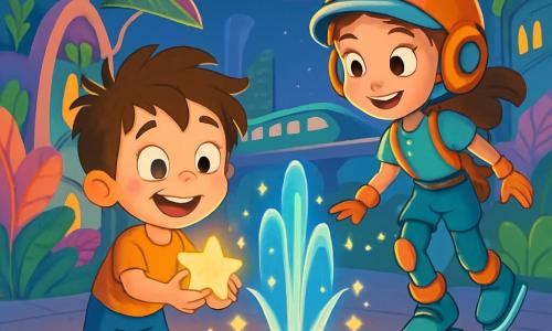 Un ragazzo di 6 anni, Tommy, con i capelli castani disordinati e grandi occhi scintillanti, si trova accanto a una fontana luminosa. Il suo volto esprime gioia ed eccitazione mentre tiene in mano una piccola stella brillante. Accanto a lui, Lina, una ragazza di 10 anni con un casco decorato da una pianta verde, scivola sui suoi pattini magnetici. Sorride e guarda Tommy con benevolenza, pronta ad aiutarlo. Il luogo è una città futuristica, con edifici dalle forme organiche, coperti di piante colorate e pannelli solari a forma di foglia. Tram silenziosi fluttuano nell'aria e luci scintillanti danzano intorno alla fontana, creando un'atmosfera magica. La scena principale mostra Tommy, meravigliato, mentre recupera la sua piccola stella brillante che stava per cadere nell'acqua della fontana, con colori vivaci e luci brillanti che aggiungono un tocco di magia a questa avventura di amicizia.