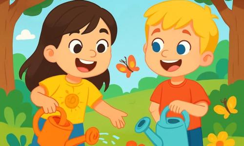 Una niña de 6 años, llamada María, con largos cabellos castaños y ojos brillantes, sonríe alegremente mientras riega flores coloridas en un jardín. Lleva una camiseta amarilla con un sol sonriente y un short de denim, y su rostro expresa gran emoción. A su lado, Lucas, un niño de 6 años con cabello rubio y ojos azules, ríe sosteniendo una regadera, listo para ayudarla. Ambos están en medio de un jardín exuberante, lleno de flores vibrantes, mariposas de colores y árboles majestuosos que ofrecen sombra. La escena principal muestra a María y Lucas divirtiéndose al regar las plantas, rodeados de la belleza de la naturaleza, compartiendo risas y momentos de amistad.