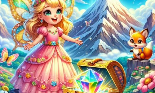 Eine etwa 8-jährige Prinzessin mit goldenem Haar steht auf einem funkelnden Berggipfel. Sie trägt ein rosa Kleid mit bunten Blumen und ihr Gesicht strahlt Freude und Staunen aus. Neben ihr fliegt eine kleine leuchtende Fee, kaum größer als eine Nuss, mit glänzenden Flügeln und silbernem Haar, lächelnd um sie herum. Ein 5-jähriger orangefarbener Fuchs steht neugierig neben der Prinzessin und schaut auf den Schatz vor ihnen. Die Landschaft zeigt einen wunderschönen Berggipfel mit funkelnden Steinen, bunten Blumen zwischen den Felsen und einem strahlend blauen Himmel mit fluffigen weißen Wolken. Die Prinzessin öffnet eine große goldene Schatztruhe und enthüllt ein leuchtendes Kristallherz, das Regenbogenfarben ausstrahlt, während bunte Schmetterlinge um sie herumtanzen und eine magische, fröhliche Atmosphäre schaffen.