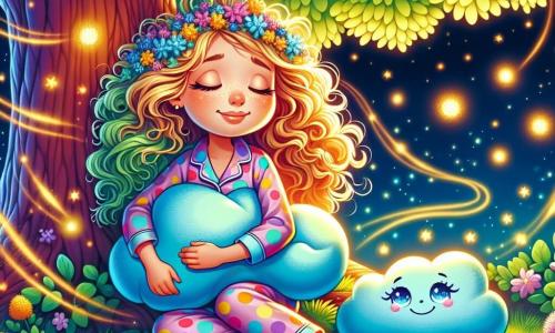 Una ragazza di 10 anni, con i capelli ricci e dorati, è seduta tranquillamente sotto un grande albero dalle foglie verdi brillanti. Il suo viso è sereno e luminoso, con un leggero sorriso che evoca tranquillità. Indossa un pigiama a pois colorati e tiene in grembo un piccolo cuscino blu a forma di nuvola. Accanto a lei, un cuscino sorridente, Mirtillo, è disegnato con occhi scintillanti e un'espressione amichevole. Sembra galleggiare leggermente, come se fosse pieno di dolcezza. Il luogo è un giardino magico, illuminato dalla luce morbida della luna, con lucciole scintillanti nell'aria che illuminano il terreno coperto di muschio verde. Fiori colorati circondano l'albero, aggiungendo tocchi di viola e giallo al paesaggio. La scena principale mostra la ragazza che respira profondamente, gli occhi chiusi, mentre onde di luce dorata la circondano, simboleggiando pace e serenità. Le lucciole danzano attorno a lei, creando un'atmosfera da sogno e di calma.