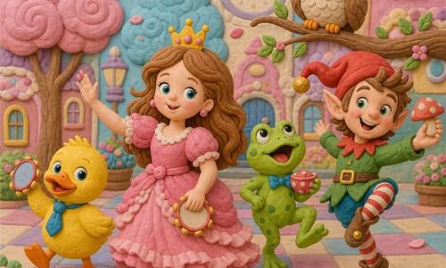 A princesa Lila, menina, sorri ternamente com olhos turquesa, veste um vestido rosa com babados e uma pequena coroa dourada de açúcar, e caminha levantando a mão para guiar o desfile; ao seu lado esquerdo um pato de massa amarelo com gravata azul dá um passo contido; atrás canta e salta um sapo menino verde às pintas, cerca de 6 anos; à direita um duende travesso de ~7 anos com meias listradas e chapéu vermelho faz uma pirueta; uma coruja redonda de óculos pretos pousa num galho baixo acima do cortejo; o cenário é uma praça de vila açucarada com chão xadrez pastel, árvores de algodão doce rosa e azul, casas de bolo com janelas de doce e um grande relógio macio ao fundo; a cena principal é um desfile calmo e alegre de personagens em massa de modelar caminhando lentamente, pétalas-confete flutuando, adereços suaves (minitamborins, xícaras de chá-cogumelo) e expressões de doçura e divertimento; estilo luminoso, texturas visíveis de massa de modelar, cores pastéis vivas, luz quente e sombras suaves.
