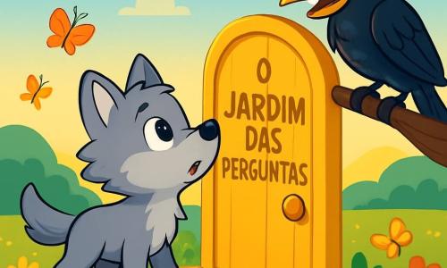 Um pequeno lobo chamado Luno, com pelagem cinza macia e olhos brilhantes de curiosidade, está diante de uma porta dourada misteriosa, com uma expressão maravilhada e intrigada. Ele fareja o ar fresco, com as orelhas em pé, pronto para descobrir o que está por trás da porta. Ao seu lado, um velho corvo com penas negras brilhantes, com um olhar sábio e travesso, empoleira-se em um galho, observando Luno com um sorriso cúmplice. O corvo parece divertido, seus olhos brilham de malícia enquanto se prepara para guiar o pequeno lobo. O cenário é um campo florido, salpicado de flores coloridas e borboletas, com a luz dourada do sol poente iluminando a paisagem. Ao fundo, colinas suaves se desenham sob um céu azul com nuvens fofas. A cena principal mostra Luno hesitando diante da porta dourada, seu coração batendo de excitação, enquanto o corvo lhe sussurra palavras de sabedoria, convidando-o a entrar no Jardim das Perguntas.