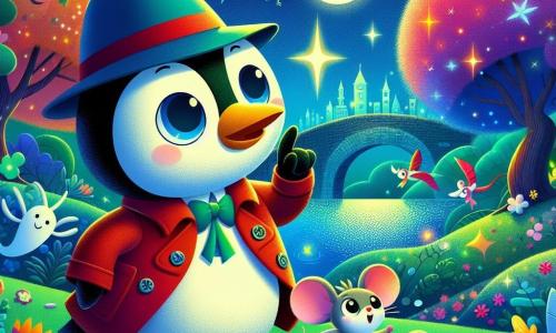 Un pinguino detective di nome Pipo, con un piccolo cappello blu e una giacca rossa, si trova al centro della scena, con uno sguardo determinato e curioso. Il suo naso brilla di un verde luminoso. Accanto a lui, un piccolo topo di nome Tino, con grandi occhi rotondi e un'espressione di eccitazione, guarda verso il cielo, con le zampe sollevate come se stesse indicando qualcosa di importante. Sono in un parco incantato, con alberi dalle foglie multicolori e fiori cantanti. La scena principale mostra Pipo e Tino mentre cercano la luna scomparsa, circondati da draghi di cartone, creando un'atmosfera magica di amicizia e avventura sotto un cielo stellato.