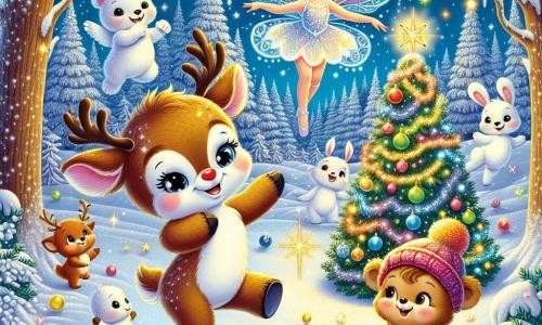 Pippo, una piccola renna con un naso colorato arcobaleno, è al centro dell'immagine, con gli occhi scintillanti di gioia e un grande sorriso. Danza felicemente in una radura innevata, circondato da fiocchi di neve che cadono dolcemente. Accanto a lui c'è Stella, la piccola fata della luce, con ali brillanti e un vestito scintillante, che sorride mentre tiene una stella luminosa in mano. Fluttua leggermente sopra il suolo, illuminando la scena con la sua dolce luce dorata. Sullo sfondo, un gruppo di animali della foresta, come un orsetto con un cappello rosso e un coniglio dalle grandi orecchie, decorano un albero di Natale con ghirlande di ghiaccio e ornamenti colorati, tutti esprimendo felicità ed entusiasmo. Il luogo è un incantevole boschetto, con alberi coperti di neve scintillante e un cielo stellato che brilla sopra, creando un'atmosfera magica e festosa. La scena principale mostra Pippo e Stella che celebrano insieme la magia del Natale, circondati dai loro amici animali, condividendo risate e gioia in un'atmosfera calda e luminosa.