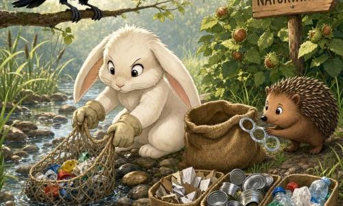 Puschel, ein kleiner weißer Hase mit seidigen langen Ohren und leicht cremefarbigem Fell, wirkt entschlossen und ist in beigefarbenen Stoffhandschuhen hockend mit einem Hanfnetz voller bunter Abfälle am Ufer eines klaren, seichten Bachs zwischen glatten Steinen beschäftigt; eine glänzende schwarze Krähe mit leicht irisierenden Federn sitzt auf einem Zweig und weist mit dem Schnabel auf weiteres Müllgut, während ein kleiner brauner Igel einen Plastikring mit der Schnauze zu einem neben dem Hasen liegenden Jutesack schiebt; die Szene zeigt ein ruhiges, koordiniertes Reinigungsteam am Bach mit sortierten Gegenständen (Papier, Metall, Plastik), einem handbeschrifteten Holzschild "NATURWINKEL", Grasbüscheln, Schilf und sanftem Morgennebel in freundlichen, klaren Farben.