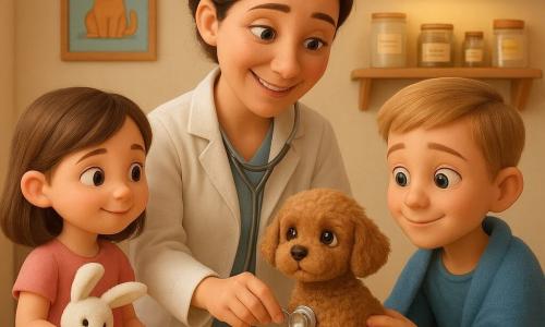 O femeie veterinară binevoitoare, vreo patruzeci de ani, păr șaten prins, halat alb, ascultă calm cu un stetoscop un cățel mic numit Pufi, cu blană crețoasă brun deschis, aflat pe o masă de examinare acoperită cu o cuvertură crem; o fetiță de circa 5 ani, cu păr brun până la umeri și rochiță roz, ține un iepuraș de pluș și îi întinde un plasture galben cu steluțe, iar un băiat de vreo 8 ani, cu păr blond scurt, ține în brațe o pătură albastră și mângâie liniștit Pufi; scena are loc într-o clinică veterinară mică și caldă, cu pereți crem, postere vesele, rafturi din lemn și lumină caldă, atmosfera fiind de compasiune și reconfort, culori pastel și expresii clare, ușor de înțeles pentru copii.