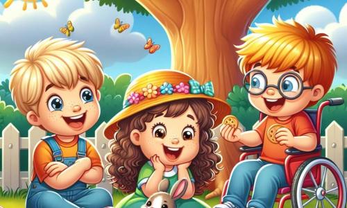 In a sunny garden, three friends are gathered. Max, an 8-year-old boy with blonde hair and sparkling blue eyes, stands on the left with his arms crossed and a big smile. To his right, Lily, a 7-year-old girl with curly hair and a colorful hat, looks in amazement at a small rabbit. Finally, Sam, a 9-year-old boy in a red wheelchair, is on the right, laughing joyfully and offering a cookie to the rabbit. The garden is filled with colorful flowers and scattered toys, with a large tree in the background providing shade. The scene shows the friends sharing cookies with a curious little rabbit approaching them, creating a joyful and friendly atmosphere.