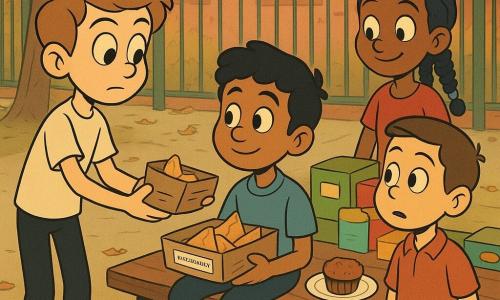 12-year-old Eli — attentive, determined face, light brown hair, tall and thin, offering a small box of pancake skewers to a classmate beside a wooden bench; about 12-year-old Amir (South Asian) — light brown skin, wavy black hair, shy relieved smile, holding an open box of samosas with an ingredient label, seated next to Eli on the bench; about 12-year-old Tyler (likely white) — hesitant expression, short hair, hands in pockets, standing opposite the table, jaw slightly surprised and curious; about 12-year-old Jada (Black) — dark skin, beaded braids, encouraging look, standing behind the table smiling and protective; schoolyard setting with a worn green gate, wooden bench, folding table with colorful snack boxes, fallen leaves, red-brick school buildings and soft afternoon light; mini food-exchange picnic atmosphere of sharing and curiosity, children tasting small portions on paper plates, warm, calm mood and contrasting textures and colors of the food (golden pancakes, crispy samosas, brown muffins).
